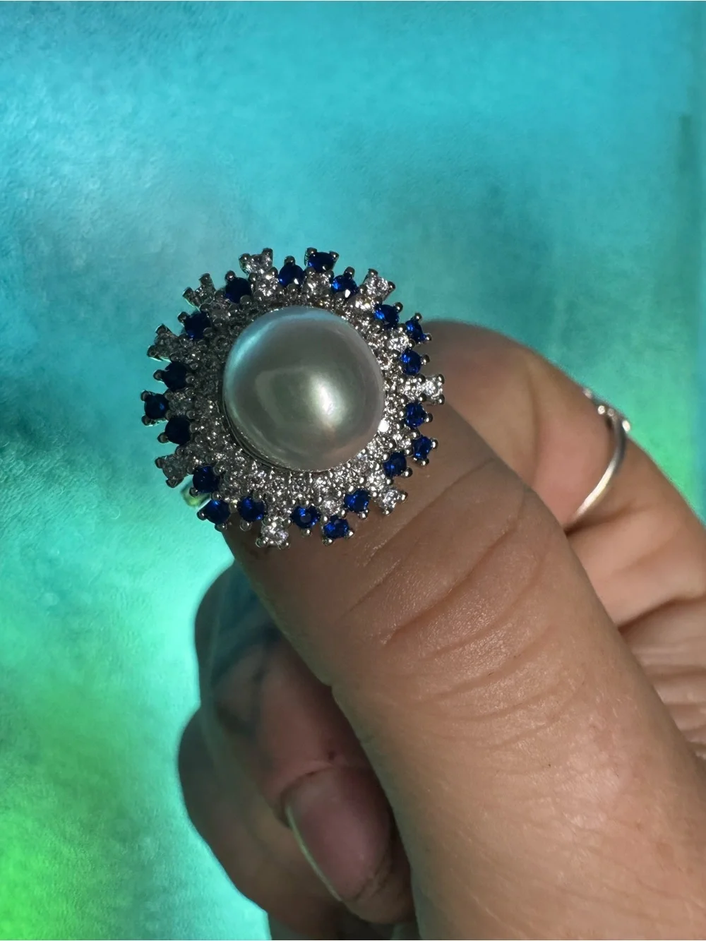 Elegant Pearl and Blue Swarovski Crystal Halo Ring - Silver Tone